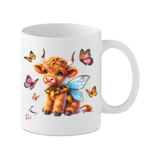 Cute Highland cow personalised mug. add yours or your recipients name to this cute highland cow surrounded by butterflies