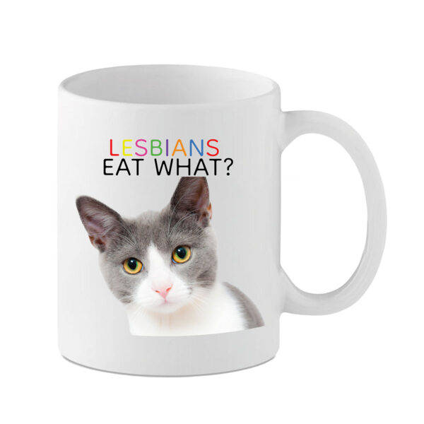 Rude and Funny Lesbians Eat What mug. LGBTQ+ friendly gift